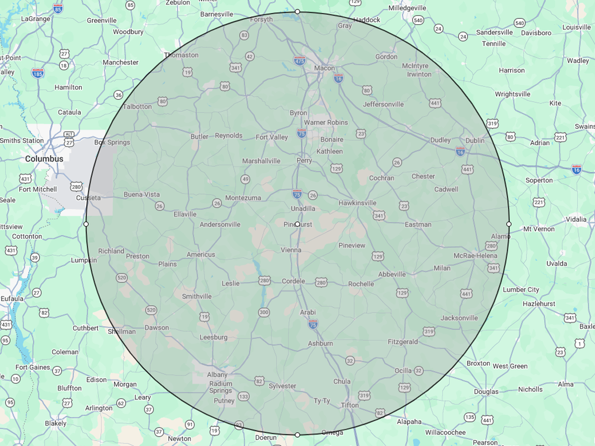 Service area map showing a 60 mile radius around Pinehurst, Georgia including Albany, Americus, Ashburn, Bonaire, Cordele, Leesburg, Macon, Perry, Tifton, Warner Robins and surrounding communities